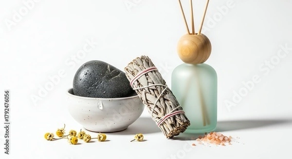Fototapeta Aromatic spa composition with sage smudge stick, diffuser, himalayan salt, and chamomile flowers