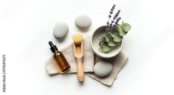 Fototapeta Top view of spa treatment arrangement with essential oil, stones, brush, lavender and eucalyptus