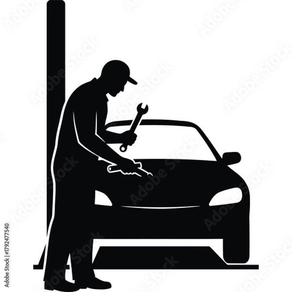 Fototapeta Silhouette of mechanic repairing a car on a lift with wrenches auto service vehicle automobile maintenance worker