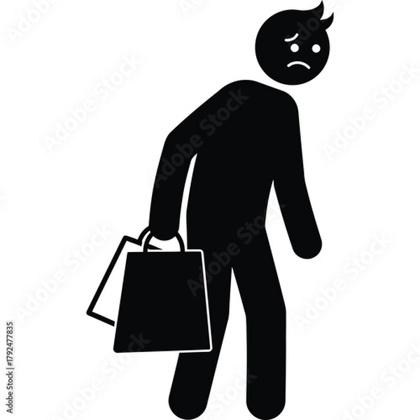 Fototapeta Tired shopper carrying shopping bags icon exhaustion stick figure vector illustration burden consumerism