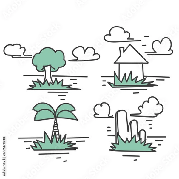 Fototapeta hand drawn doodle tiny island in the water with house rock tree and palm collection