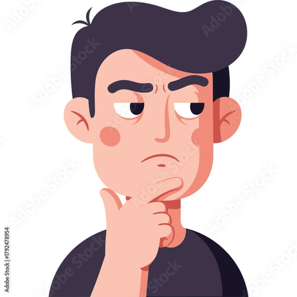 Fototapeta Cartoon man with thoughtful expression and hand on chin illustration thinking contemplation face character design