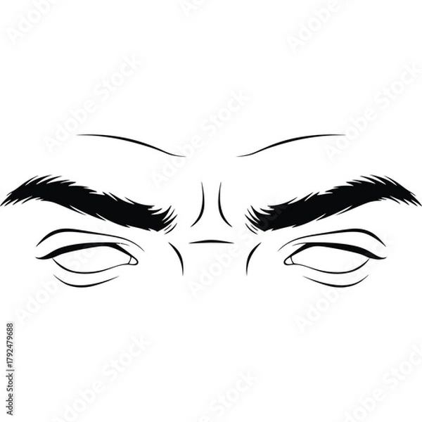 Fototapeta Illustration of eyes with furrowed brows in black and white eyebrows closed drawing sketch face expression angry