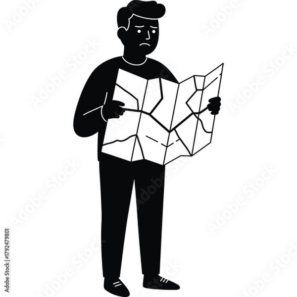 Fototapeta Lost man looking at map, vector illustration travel navigation direction route road guide location destination