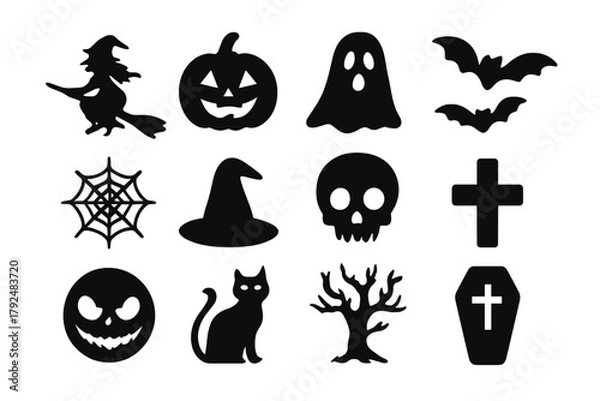 Obraz Spooky Halloween silhouettes including witch, jack-o-lantern, ghost, bats, skull, and black cat