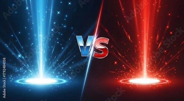 Fototapeta Versus screen with blue and red glow rays for battle competition concept