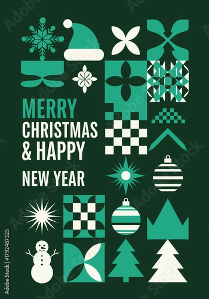 Fototapeta Modern Merry Christmas and Happy New Year greeting card with geometric shapes, snowflakes, tree, and festive icons in green tones. Perfect for holiday design and winter celebration themes.