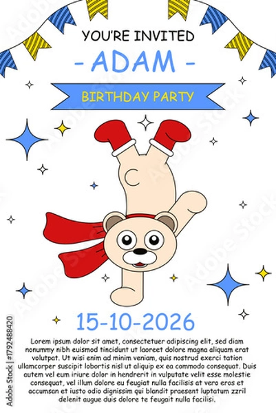Fototapeta Kids Birthday Invitation flyer. Vector illustration of Birthday Invitation card with cute polar bear and holiday ribbon. Birth poster template design with typography. EPS 10