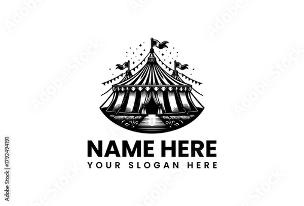 Fototapeta Vintage Style Circus Tent Entertainment Event Vector Logo Illustration. Classic Carnival Show Emblem with Retro Aesthetic for Festive Design Projects