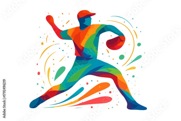 Fototapeta Energetic baseball player in mid-pitch motion rendered with bright multicolored shapes