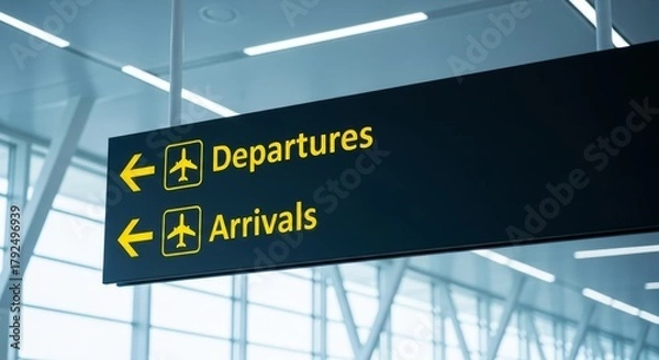 Fototapeta Airport sign showing directions for arrivals and departures with airplane icons on the sign