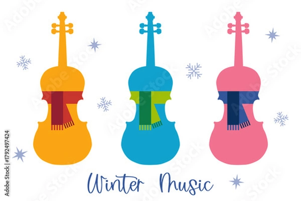 Fototapeta Colorful violin,viola,cello.Clipart flat design. Instrument orchestra string fiddle music isolate background.Design for happy holiday decorate,festival,new year, winter, Christmas,party,celebration