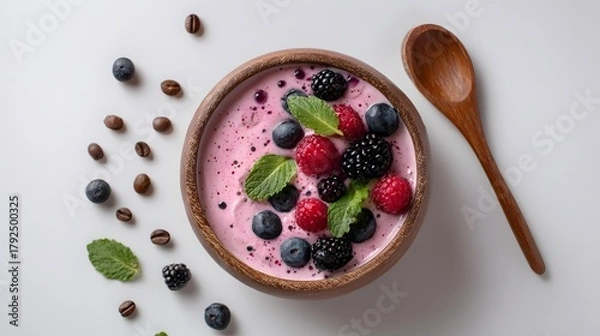 Fototapeta Overhead Detailed View of a Pastel Pink Smoothie Bowl Garnished with Fresh Berries and Mint Accented by Scattered Coffee Beans and a Wooden Spoon