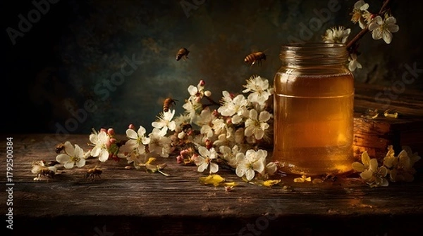 Fototapeta Rustic portrayal of a luminous honey jar with fluttering bees and assorted blossoms artfully arranged on an aged wooden table illuminated by warm daylight