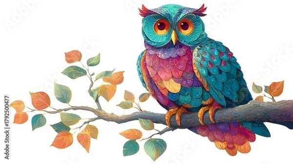 Obraz Vibrant vector illustration of a whimsical owl resting gracefully on a sturdy tree branch with a pristine white background