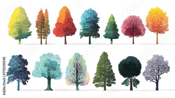 Obraz Imaginative Spectrum of Colorful Seasonal Tree Icons in Clean Minimal Vector Illustration Ideal for Scalable Digital Graphics and Modern Design Assets