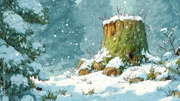 Obraz Whimsical winter cartoon scene featuring a snowcovered oak stump amid gentle snowfall and a charming evergreen forest exuding merry holiday vibes