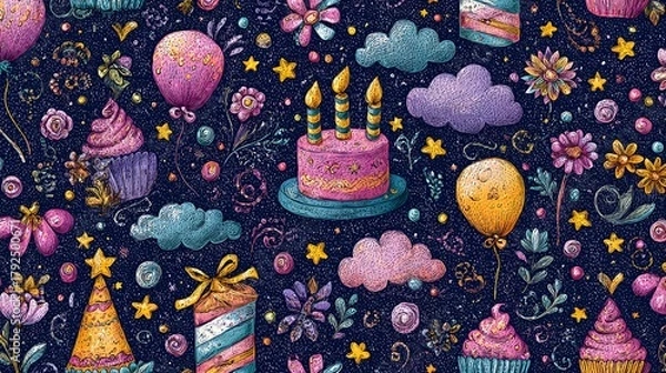 Fototapeta Vibrant Festive Birthday Celebration Crayon Pattern Featuring Hand Drawn Doodles, Clouds, Stars, and Delicate Floral Details for Party Designs