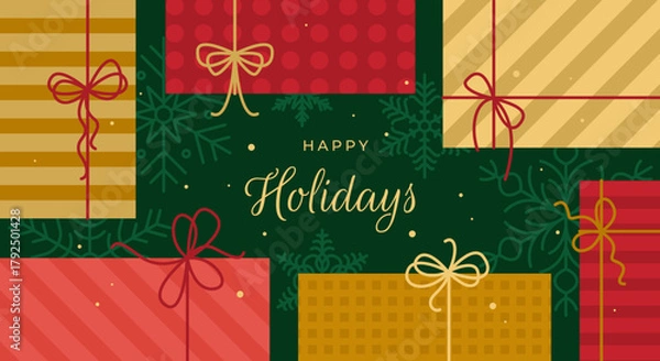 Fototapeta Merry Christmas or Happy New Year. Modern Holiday greeting card. with gifts, present boxes, snowflakes, bows and ribbons. Xmas design for greeting card, poster, banner, cover. Vector template