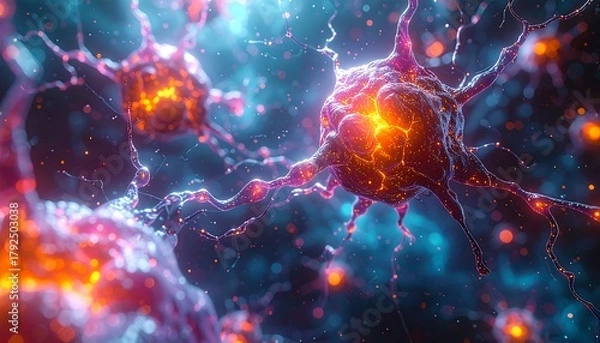 Fototapeta Abstract microscopic view of illuminated neurons. Bright glowing centers with fine tendrils extending into a blurred background