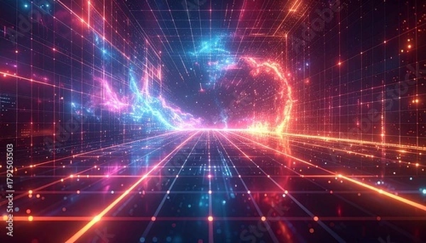 Fototapeta Abstract neon grid with blue and orange light flares creating a futuristic portal or tunnel effect