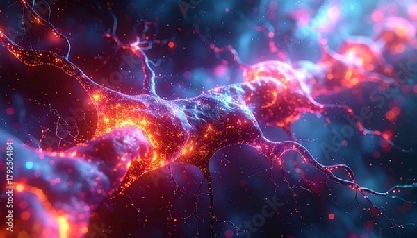 Fototapeta Abstract neural network with glowing synapses and electric impulses in blue and orange