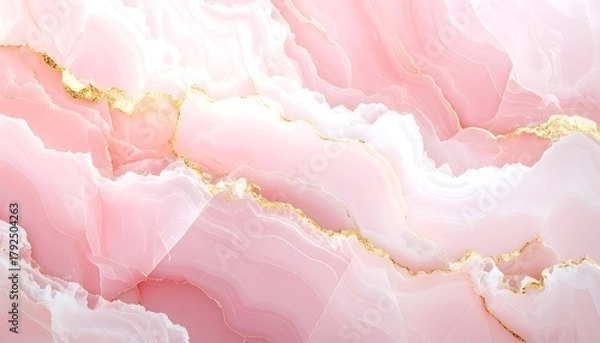 Fototapeta Abstract of pink, white, and gold striated stone with a marble-like texture in a horizontal composition