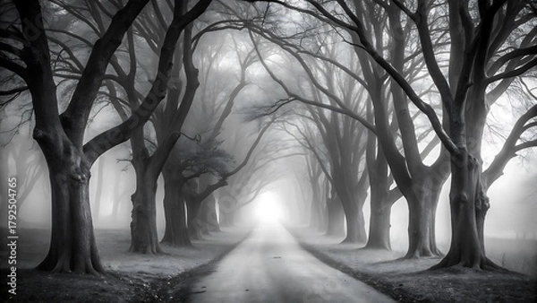 Fototapeta Misty forest path lined with bare trees leading to bright light