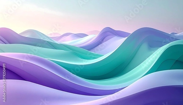 Fototapeta Abstract pastel waves in soft purple and teal hues under a serene sky