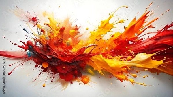Fototapeta Vibrant explosion of red and yellow paint splashes on a white background