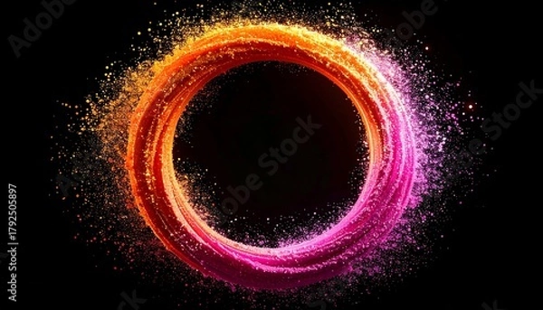 Fototapeta Abstract ring formed with glowing particles transitioning from orange to pink against a dark backdrop