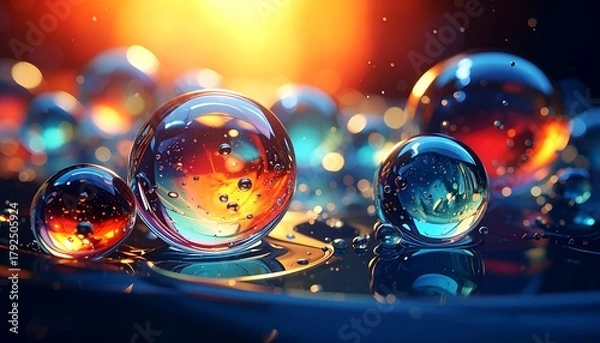 Fototapeta Abstract scene featuring transparent spheres on a shiny surface, reflecting vibrant orange and blue colors with bokeh background
