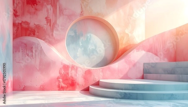 Fototapeta Abstract scene with a circular opening and a wavy platform in shades of pink, orange, and white