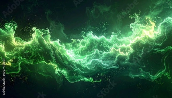 Fototapeta Abstract smoky green flow with bright center in dark space