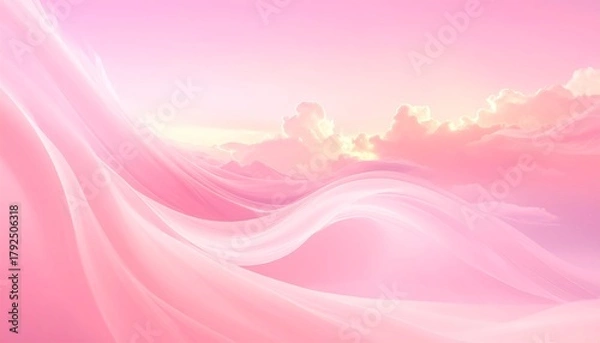 Fototapeta Abstract soft pink waves flow upward against a dreamy, cloudy backdrop with a gentle sunset glow