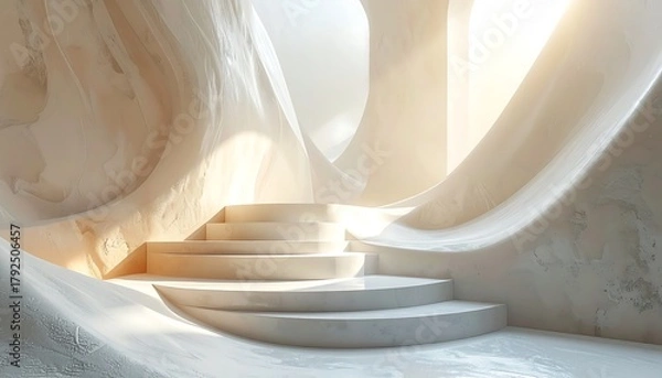 Fototapeta Abstract steps lead upward in a softly lit, organic structure with smooth, textured surfaces and flowing forms