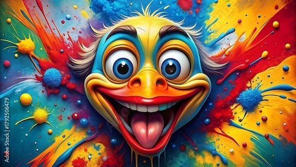 Fototapeta Whimsical cartoon duck character with a wide grinning mouth and colorful splatter background