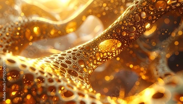 Fototapeta Abstract structure glows with fractal golden light, intricate patterns, and bokeh dots on a textured, porous surface