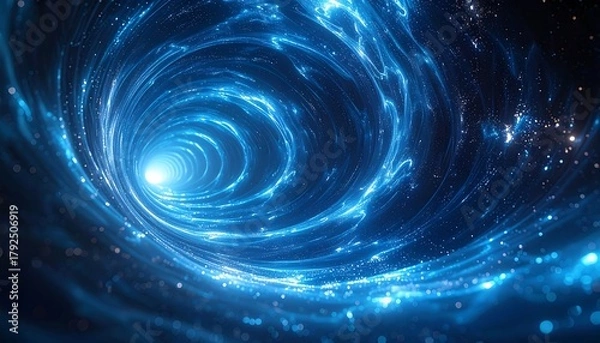 Fototapeta Abstract swirling blue tunnel with light at the end, suggesting a portal or futuristic travel concept