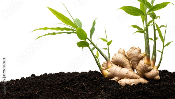 Obraz Ginger Rhizome Sprouting Green Shoots in Dark Soil Against Transparent Background With Studio Lighting and Selective Focus For Agricultural And
