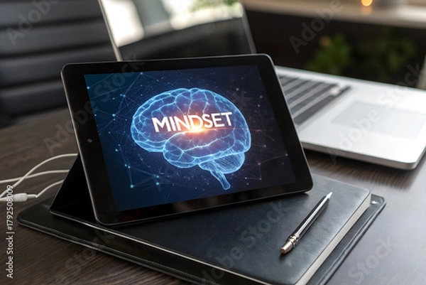 Fototapeta Tablet on desk showing digital brain and word “Mindset”. Concept of innovation, AI thinking, personal growth, technology, and future intelligence.