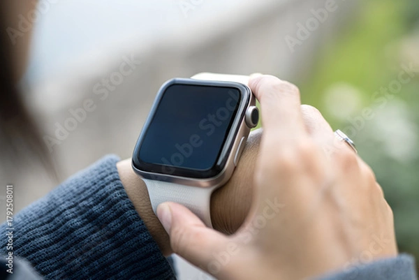 Fototapeta Close-up of smartwatch on wrist. Concept of wearable technology, digital innovation, health data, smart device, and AI future lifestyle.