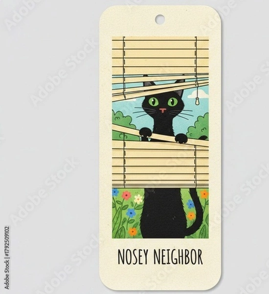 Fototapeta cat on window Bookmark illustration of a nosey kitty cat peeking thru window blinds on outdoor background curiosity feline 