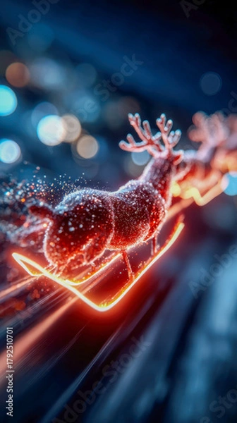 Fototapeta Neon glowing reindeer pulling Santa sleigh through a vibrant night sky