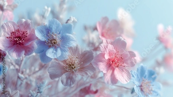 Fototapeta Colorful delicate flowers frozen in ice, creating a vibrant artistic aesthetic composition. Ideal for design, beauty, nature, seasonal concepts, and creative visual projects.