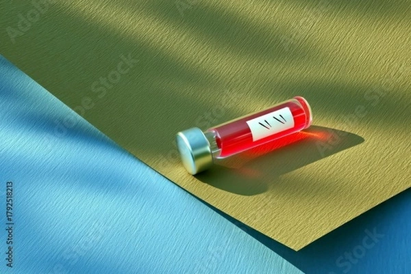 Fototapeta A clear glass vial with a silver cap, containing a red liquid, rests on a textured surface with a distinct shadow cast by sunlight.