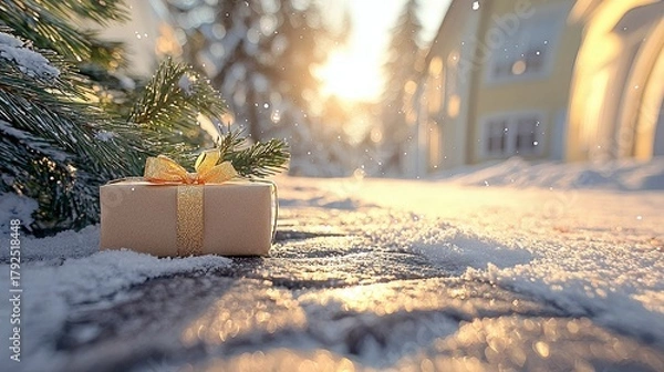 Fototapeta A Christmas gift rests on a snowy surface beside a pine branch, with a house and sunlight in the background.
