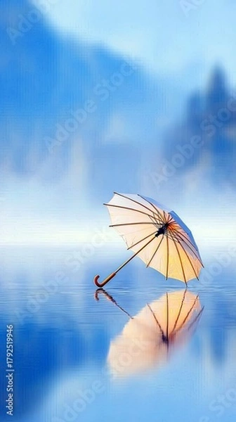 Fototapeta A lone umbrella floats on a serene body of water, casting a clear reflection.
