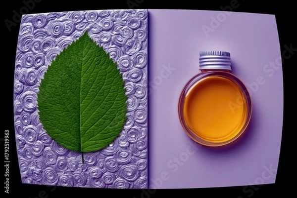 Fototapeta A green leaf is placed on a textured purple background, beside a small round glass bottle containing amber liquid.