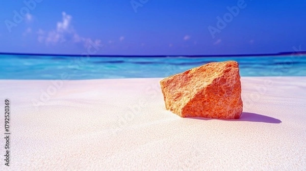 Fototapeta A solitary orange rock sits on a bright white sandy beach, with the calm, clear blue ocean and sky stretching out behind it.